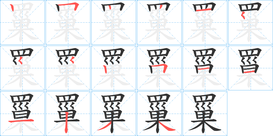 罺字的笔顺分布演示